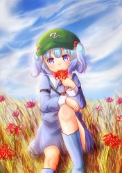 Rule 34 | 1girl, arm belt, blue eyes, blue hair, blue sky, boots, cloud, cloudy sky, day, dress, flower, hair bobbles, hair ornament, hand on leg, hat, highres, kanno fumiroku, kawashiro nitori, key, long sleeves, looking at viewer, matching hair/eyes, nature, plant, pocket, rubber boots, short hair, short twintails, sitting, skirt, skirt set, sky, solo, spider lily, touhou, twintails, two side up, wheat