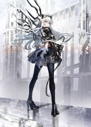 Rule 34 | 1girl, absurdres, armor, bird, black skirt, black thighhighs, building, chain, closed mouth, commentary, expressionless, fantasy, from behind, full body, gawako, grey eyes, high heels, highres, long hair, looking at viewer, looking back, original, outdoors, pauldrons, shadow, shoulder armor, skirt, solo, standing, thighhighs, tiara, vambraces, white hair