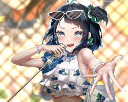 Rule 34 | 1girl, absurdres, algorhythm project, bead necklace, beads, black hair, blue eyes, blue hair, blueberry, breasts, crop top, eyewear on head, food, fruit, highres, jewelry, karu (algorhythm project), medium breasts, microphone, microphone stand, midriff, multicolored hair, necklace, open mouth, rilianez, shirt, smile, solo, sunglasses, virtual youtuber, white bag, white shirt