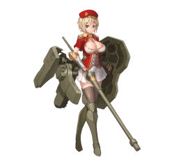 Rule 34 | &gt;:), 1girl, beret, between breasts, bikini, bikini top only, blonde hair, boots, breasts, brown thighhighs, epaulettes, gauntlets, hat, highres, jacket, lance, large breasts, looking at viewer, mecha musume, military jacket, necktie, necktie between breasts, panzer maiden, pleated skirt, polearm, purple eyes, shield, short hair, simple background, skirt, smile, smirk, solo, standing, stmast, swimsuit, tachi-e, thighhighs, v-shaped eyebrows, weapon, white background, white skirt