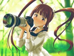 Rule 34 | 1girl, blurry, blurry background, bow, brown eyes, brown hair, camera, choker, commentary request, dress, hair bow, highres, holding, holding camera, idolmaster, idolmaster million live!, long hair, long sleeves, looking at viewer, matsuda arisa, run p (aveton), single-lens reflex camera, solo, twintails, white choker, white dress