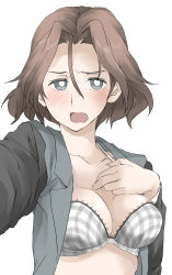 Rule 34 | 1girl, azumi (girls und panzer), black jacket, blue eyes, blush, bow, bow bra, bra, breasts, bright pupils, brown hair, commentary request, elf (stroll in the woods), girls und panzer, grey bra, half-closed eyes, highres, jacket, lace, lace-trimmed bra, lace trim, long sleeves, looking at viewer, medium breasts, military, military uniform, no shirt, open clothes, open jacket, open mouth, opened by self, parted bangs, selection university military uniform, selfie, short hair, simple background, solo, underwear, uniform, upper body, white background, white pupils