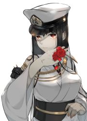 Rule 34 | 1girl, bad id, bad pixiv id, black hair, breasts, colored skin, detached sleeves, fusou (kancolle), hat, japanese clothes, kantai collection, large breasts, long hair, neko (ganecooo), nontraditional miko, peaked cap, red eyes, simple background, solo, upper body, white background, white skin