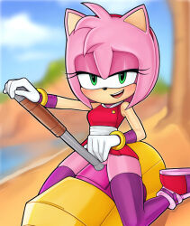 Rule 34 | 1girl, amy rose, animal nose, bare shoulders, bdsm, blurry, blurry background, bracelet, breasts, crotch rub, dress, eyelashes, female masturbation, fingering, furry, gloves, green eyes, grinding, hairband, half-closed eyes, hammer, hedgehog ears, highres, huge weapon, jewelry, loodncrood, masturbation, no panties, open mouth, outdoors, purple thighhighs, pussy, red dress, sitting, sitting on object, small breasts, snout, sonic (series), sonic boom (series), sonic the hedgehog, straddling, teeth, thighhighs, thighs, upper teeth only, weapon, white gloves