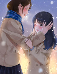 Rule 34 | 2girls, :d, backlighting, black hair, blue scarf, blush, brown eyes, brown hair, coat, cowboy shot, closed eyes, hand on another&#039;s arm, hands on another&#039;s cheeks, hands on another&#039;s face, height difference, highres, long hair, looking at another, multiple girls, one eye closed, open mouth, original, outdoors, plaid, plaid scarf, pleated skirt, profile, riichi (rouchi), scarf, short hair, skirt, smile, snowing, twilight, winter, winter clothes, winter coat, yuri