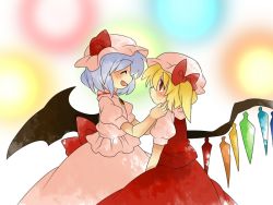 Rule 34 | 2girls, bad id, bad pixiv id, blonde hair, bow, brooch, comic, dress, closed eyes, female focus, flandre scarlet, hair bow, hammer (sunset beach), hand on another&#039;s cheek, hand on another&#039;s face, hands on another&#039;s face, happy, hat, jewelry, light purple hair, lights, multiple girls, open mouth, pink dress, red dress, red eyes, remilia scarlet, short hair, siblings, side ponytail, silent comic, sisters, smile, touhou, wings