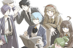 Rule 34 | 3boys, 3girls, ahoge, angela (project moon), annoyed, ascot, belt, black ascot, black hair, black necktie, blue hair, book, brown hair, chair, coat, collared shirt, drunk, formal, green hair, hair ornament, highres, hod (project moon), holding, holding book, kankan33333, library of ruina, light blue hair, long hair, looking at another, looking to the side, malkuth (project moon), multiple boys, multiple girls, necktie, netzach (project moon), open book, open mouth, pants, parted lips, project moon, purple hair, roland (project moon), shirt, short hair, simple background, sitting, smile, suit, sweatdrop, white background, white shirt, yellow eyes, yesod (project moon)