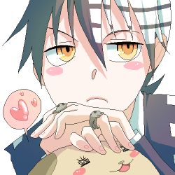 Rule 34 | 00s, 1boy, black hair, blush, death the kid, harukaumedaya, jewelry, lowres, male focus, pin, ring, solo, soul eater, yellow eyes
