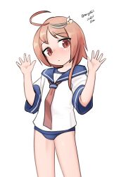 Rule 34 | 1girl, absurdres, ahoge, blue one-piece swimsuit, blue sailor collar, feet out of frame, hair ornament, highres, i-58 (kancolle), kantai collection, looking at viewer, maru (marg0613), neckerchief, one-hour drawing challenge, one-piece swimsuit, pink hair, red eyes, red neckerchief, sailor collar, school swimsuit, school uniform, serafuku, shirt, short hair, simple background, solo, swimsuit, swimsuit under clothes, waving, white background, white shirt