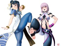Rule 34 | 2girls, artist logo, ass, baggy pants, ball, belt, black belt, black gloves, black hair, blue eyes, blue nails, blue pants, blush, bow, bowtie, bracelet, breasts, breasts apart, brown hair, capcom, china dress, chinese clothes, chun-li, chun-li (cosplay), closed mouth, collar, cosplay, cowboy shot, double bun, dress, earrings, exercise ball, feet, fighting stance, finalcake, fingerless gloves, flats, gloves, gold ribbon, gold trim, gridman universe, hair bun, hair ribbon, halterneck, han juri, han juri (cosplay), hand on own hip, highres, holding, jewelry, kung fu, large breasts, leg up, lips, looking at viewer, medium breasts, multiple girls, nail polish, navel, no shoes, open mouth, pants, pelvic curtain, pink hair, red eyes, ribbon, shinjou akane, short hair, short sleeves, simple background, skin tight, smile, soles, spiked anklet, spiked bracelet, spiked collar, spikes, ssss.gridman, standing, standing on one leg, stirrup legwear, stomach, street fighter, street fighter 6, takarada rikka, toeless legwear, toes, white background, white dress, white pants