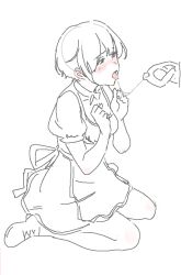 Rule 34 | 10s, 1girl, blush, dirndl, dress, german clothes, kantai collection, monochrome, norakura (nr kura), pretzel, puffy sleeves, saliva, saliva trail, sexually suggestive, short hair, short sleeves, simple background, sitting, solo, tongue, tongue out, wariza, white background, z1 leberecht maass (kancolle)