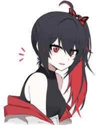 Rule 34 | 1girl, ahoge, alternate costume, bare shoulders, black hair, black shirt, breasts, butterfly hair ornament, cropped torso, from side, hair ornament, highres, honkai (series), honkai impact 3rd, jacket, lix (iroiro3843), long hair, looking at viewer, multicolored hair, notice lines, off shoulder, open mouth, red eyes, red hair, seele (alter ego), seele vollerei, shirt, side ponytail, simple background, sleeveless, sleeveless shirt, small breasts, smile, solo, streaked hair, two-tone hair, white background, white jacket