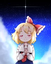 Rule 34 | 1girl, black dress, bow, commentary, dress, closed eyes, hair bow, interlocked fingers, long sleeves, night, own hands clasped, own hands together, praying, roco (katsuya1011), rumia, shirt, sky, smile, solo, star (sky), starry sky, touhou