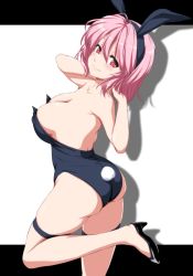 Rule 34 | 1girl, alternate costume, animal ears, arched back, armpits, ass, back, bare back, bare legs, black footwear, breasts, cleavage, collarbone, commentary request, covered erect nipples, fake animal ears, fake tail, from side, hair between eyes, hands in hair, head tilt, highres, large breasts, leotard, letterboxed, low neckline, nori tamago, outside border, parted bangs, pink hair, playboy bunny, rabbit tail, red eyes, saigyouji yuyuko, sideboob, simple background, skindentation, smile, solo, standing, standing on one leg, tail, thigh strap, thighs, touhou, white background