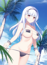 Rule 34 | 1girl, azur lane, bare shoulders, beach, bikini, black hairband, blue sky, blunt bangs, blush, bracelet, breasts, closed mouth, cloud, coconut tree, collarbone, commentary request, cowboy shot, day, dido (azur lane), eyepatch bikini, frilled bikini, frills, from below, hair ornament, hairband, highres, holding, holding bikini, holding clothes, holding swimsuit, jewelry, large breasts, lin (user uzmw2535), long hair, looking at viewer, navel, outdoors, palm tree, silver hair, sky, sleeveless, smile, solo, standing, strapless, strapless bikini, swimsuit, tree, untied bikini