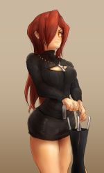 Rule 34 | 1girl, ass, bare legs, between breasts, black skirt, breasts, cleavage cutout, clothing cutout, cropped legs, cross, female focus, grey background, hair over one eye, holding, jewelry, long hair, long sleeves, looking at viewer, meme attire, miniskirt, necklace, open-chest sweater, parasoul (skullgirls), red hair, simple background, skirt, skullgirls, solo, standing, sweater, thick thighs, thighs, turtleneck, yellow eyes