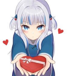 Rule 34 | 1girl, :&lt;, absurdres, blue eyes, blue hair, candy, chocolate, chocolate heart, commentary, english commentary, food, gawr gura, grey hair, heart, highres, hololive, hololive english, kurohi drw, multicolored hair, solo, streaked hair, two-tone hair, two side up, upper body, virtual youtuber