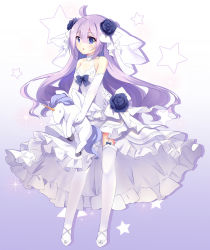 Rule 34 | 1girl, ahoge, azur lane, bad id, bad pixiv id, bridal veil, commentary request, dress, elbow gloves, garter straps, gloves, hair down, lingsexuanlv, long hair, looking at viewer, purple eyes, purple hair, simple background, solo, stuffed animal, stuffed pegasus, stuffed toy, stuffed unicorn, stuffed winged unicorn, thighhighs, unicorn (azur lane), veil, wedding dress, white dress, white gloves, white thighhighs