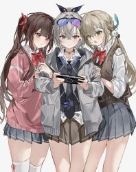Rule 34 | 3girls, absurdres, alternate costume, black necktie, bow, bowtie, brown skirt, closed mouth, collared shirt, commentary request, crossed bangs, earrings, grey eyes, grey hair, grey jacket, grey skirt, hair between eyes, hair ornament, hairclip, handheld game console, high ponytail, highres, holding, holding handheld game console, holding hands, honkai: star rail, honkai (series), jacket, jewelry, light brown hair, long hair, long sleeves, low twintails, multiple girls, neck ring, necktie, open clothes, open jacket, open mouth, parted lips, pink eyes, playstation portable, ponytail, power connection, qingque (honkai: star rail), red bow, red bowtie, ribbon legwear, school uniform, shirt, silver wolf (honkai: star rail), simple background, skirt, sparkle (honkai: star rail), standing, sweat, thighhighs, twintails, utsuhostoria, white background, white shirt, white thighhighs, zettai ryouiki