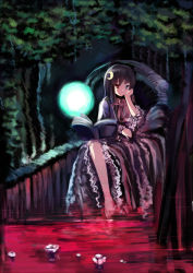 Rule 34 | 1girl, bad id, bad pixiv id, barefoot, book, head rest, cofepig, crescent, crescent hair ornament, crescent moon, female focus, glowing, hair ornament, heterochromia, moon, no headwear, no headwear, patchouli knowledge, purple hair, sitting, soaking feet, solo, touhou, water