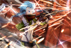 Rule 34 | 1girl, aiming, bad id, bad pixiv id, belt, black belt, black gloves, black shorts, blue eyes, blue hair, blurry, blurry background, breast pocket, commentary request, cowboy shot, cropped jacket, debris, depth of field, diffraction spikes, fingerless gloves, glint, gloves, green jacket, gun, hair ornament, hairclip, highres, holding, holding gun, holding weapon, jacket, layered sleeves, light particles, long sleeves, looking away, open clothes, open jacket, pocket, rifle, scarf, scope, serious, short hair, short over long sleeves, short shorts, short sleeves, shorts, sinon, smoke, sniper rifle, solo, standing, striped clothes, striped scarf, sword art online, taro (ultrataro), weapon, white jacket, white scarf, wind