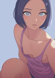Rule 34 | 1girl, bare shoulders, blouse, blue background, blue eyes, blue hair, bob cut, breasts, collarbone, covered erect nipples, downblouse, flat chest, forehead, highres, lips, looking at viewer, mebae, mole, mole under mouth, nipple slip, nipples, no bra, open mouth, original, parted lips, pink shirt, shirt, short hair, short shorts, shorts, simple background, small breasts, solo, tank top