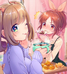 Rule 34 | 10s, 2girls, ;p, ^^^, abe nana, ahoge, bbbannooo, biting, black dress, blurry, blush, bow, breasts, brown eyes, brown hair, candy, child&#039;s drawing, chocolate, closed mouth, cup, curtains, depth of field, dress, embarrassed, eyelashes, fingernails, food, food in mouth, food on face, fruit, furrowed brow, green eyes, hair bow, hair ribbon, handkerchief, heart, heart-shaped pupils, high ponytail, holding, holding cup, hot chocolate, idolmaster, idolmaster cinderella girls, indoors, kotatsu, light brown hair, long sleeves, looking at viewer, magazine (object), mandarin orange, marshmallow, medium breasts, mug, multiple girls, one eye closed, open magazine, orange hair, ponytail, purple sweater, rabbit, red bow, red eyes, ribbon, sato shin, sidelocks, sleeveless, sleeveless dress, sleeves past wrists, smile, spaghetti strap, steam, surprised, sweatdrop, sweater, symbol-shaped pupils, table, tongue, tongue out, turtleneck, turtleneck sweater, twintails, upper body, wall, white sweater, wooden floor