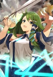 Rule 34 | 1girl, absurdres, bare shoulders, blue skirt, blush, detached sleeves, frog hair ornament, gohei, green eyes, green hair, hair between eyes, hair ornament, highres, holding, japanese clothes, kochiya sanae, kurowa (curowa), long hair, nontraditional miko, open mouth, skirt, snake hair ornament, solo, touhou, upper body, wide sleeves
