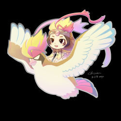 Rule 34 | 1girl, black background, brown dress, brown hair, chibi, chibi only, chiuanzhang, creature and personification, creatures (company), dress, full body, game freak, gen 1 pokemon, headdress, long sleeves, mega pidgeot, mega pokemon, nintendo, open mouth, outline, personification, pidgeot, pokedex number, pokemon, riding, riding pokemon, short hair, signature, white outline