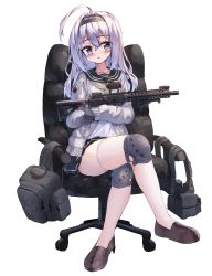 Rule 34 | 1girl, absurdres, ahoge, aimpoint, ar-15, black gloves, black hairband, black sailor collar, black skirt, blush, brown footwear, chair, commentary request, crossed legs, full body, gloves, grey eyes, grey jacket, gun, hair between eyes, hair intakes, hairband, head tilt, highres, holding, holding gun, holding weapon, jacket, korean commentary, loafers, long hair, long sleeves, magpul, office chair, on chair, open clothes, open jacket, original, parted lips, pleated skirt, rifle, sailor collar, shirt, shoes, silver hair, simple background, sitting, skirt, solo, swivel chair, tandohark, thighhighs, weapon, white background, white shirt, white thighhighs, yellow neckwear