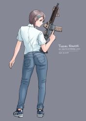 Rule 34 | 1girl, ass, assault rifle, blue footwear, blue pants, blue shirt, closed mouth, denim, full body, grey background, grey eyes, grey hair, gun, hair ornament, hairpin, highres, holding, holding gun, holding weapon, jeans, kzm (sub-moa works), looking at viewer, looking back, military, mk 18 carbine, original, pants, polo shirt, rifle, shirt, shoes, short hair, short sleeves, simple background, smile, sneakers, solo, standing, trigger discipline, weapon