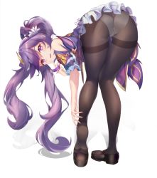 Rule 34 | 1girl, artist request, ass, bare shoulders, bent over, blush, cameltoe, dress, finger to mouth, from behind, genshin impact, hair ornament, hairpin, keqing (genshin impact), long hair, looking at viewer, naughty face, open mouth, panties, panties under pantyhose, pantyhose, purple dress, purple eyes, purple hair, short dress, skirt, solo, twintails, underwear, very long hair