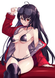 Rule 34 | 1girl, amano hagoromo, arm support, arm up, azur lane, bare shoulders, bikini, black bikini, black hair, black thighhighs, breasts, commentary, crossed legs, eyewear on head, feet out of frame, hair between eyes, highres, jacket, long hair, long sleeves, looking at viewer, medium breasts, navel, off shoulder, official alternate costume, one side up, open clothes, open jacket, parted lips, red eyes, red jacket, simple background, sitting, smile, solo, stomach, sunglasses, swimsuit, taihou (azur lane), taihou (enraptured companion) (azur lane), thighhighs, thighs, very long hair, white background
