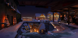 Rule 34 | balcony, building, christmas, christmas lights, christmas tree, city, city lights, cityscape, commentary, english commentary, highres, lamppost, lantern, night, original, railing, road, scenery, snow, stairs, storefront, street, w-e-z, watermark, window, winter