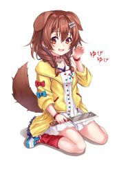 Rule 34 | 1girl, animal ears, bad id, bad pixiv id, blue bow, blush, bone hair ornament, bow, braid, breasts, brown eyes, brown hair, cartoon bone, cleaver, collar, collarbone, commentary request, dog ears, dog girl, dog tail, dress, hair between eyes, hair ornament, hairclip, hand up, highres, hololive, inugami korone, inugami korone (1st costume), jacket, long hair, looking at viewer, low twin braids, n15e, off-shoulder jacket, off shoulder, on ground, open mouth, red bow, short dress, sitting, smile, solo, tail, twin braids, virtual youtuber, white dress, yellow jacket