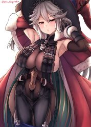 Rule 34 | 1girl, absurdres, armpits, arms up, bare shoulders, belt, black dress, black gloves, blush, breasts, brown eyes, christmas, cleavage, coat, dress, elbow gloves, fur-trimmed coat, fur trim, gloves, granblue fantasy, gupunetsu, hair between eyes, hat, highres, huge breasts, jacket, jacket on shoulders, long hair, looking at viewer, magisa (granblue fantasy), open mouth, red coat, red hat, see-through, see-through cleavage, sideboob, silver hair, simple background, solo, white background, witch hat