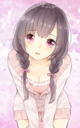 Rule 34 | 1girl, black hair, blunt bangs, braid, breasts, collarbone, commentary request, cowboy shot, dress, gradient background, highres, jacket, leaning forward, lips, long hair, looking at viewer, manatsuki manata, medium breasts, original, parted lips, pink background, pink dress, purple background, purple eyes, sleeves past wrists, solo, star (symbol), starry background, track jacket, twin braids, v arms