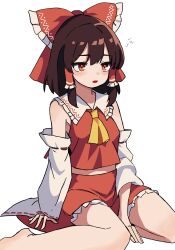 Rule 34 | 1girl, ascot, bare legs, barefoot, brown eyes, brown hair, collared shirt, commentary request, detached sleeves, frilled shirt collar, frilled skirt, frills, hakurei reimu, highres, kv-san, midriff peek, red shirt, red skirt, red vest, shirt, short hair, sidelocks, skirt, sleeveless, sleeveless shirt, solo, touhou, vest, white sleeves, wide sleeves, yellow ascot