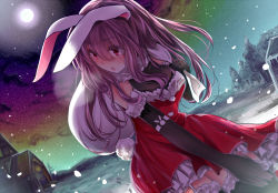 Rule 34 | 1girl, :o, alternate costume, animal ears, black gloves, black thighhighs, blush, breath, building, carrying over shoulder, christmas, cloud, dress, dutch angle, frills, fur trim, gloves, highres, long hair, looking back, moon, night, night sky, outdoors, purple hair, rabbit ears, rabbit girl, rabbit tail, red dress, red eyes, reisen udongein inaba, sack, santa costume, sky, sleeveless, sleeveless dress, snowing, solo, tail, thighhighs, touhou, xe-cox