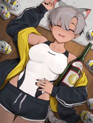 Rule 34 | 1girl, absurdres, alcohol, animal ears, beer can, black hair, black jacket, black nails, black shorts, blush, breasts, can, cat ears, cat girl, closed eyes, collarbone, commentary request, competition swimsuit, dark-skinned female, dark skin, drink can, drunk, earrings, grey hair, highres, jacket, jewelry, kara (vertigris), long sleeves, lying, medium breasts, multicolored hair, on back, one-piece swimsuit, open mouth, original, short hair, shorts, sleeping, smile, solo, squeans, stud earrings, swimsuit, track jacket, vertigris, white one-piece swimsuit