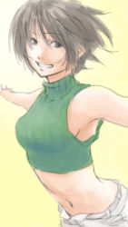 Rule 34 | 1990s (style), 1girl, armpits, bare shoulders, black hair, brown eyes, final fantasy, final fantasy vii, grin, kuzumin, midriff, open fly, outstretched arms, short hair, shorts, sketch, sleeveless, sleeveless turtleneck, smile, solo, spread arms, turtleneck, unzipped, wind, yuffie kisaragi