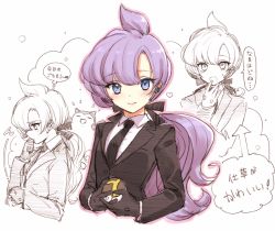 Rule 34 | ..., 1girl, ahoge, anabel (pokemon), arrow (projectile), black gloves, blazer, blue eyes, blush, collared shirt, creatures (company), earphones, expressions, formal, game freak, gen 1 pokemon, gloves, hair ribbon, heart, highres, jacket, long hair, looking at viewer, low ponytail, necktie, nintendo, pink lips, poke ball, pokemon, pokemon (creature), pokemon sm, ponytail, purple eyes, purple hair, ribbon, shirt, short hair, simple background, sketch, smile, snorlax, solo, speech bubble, spoilers, suit, text focus, translated, tsukigami runa, ultra ball, upper body, white background