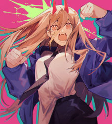 Rule 34 | 1girl, black necktie, black pants, blonde hair, blue jacket, breasts, chainsaw man, clenched hands, hair between eyes, highres, horns, jacket, long hair, looking at viewer, medium breasts, necktie, open clothes, open jacket, open mouth, pants, pink background, power (chainsaw man), red horns, rirene rn, sharp teeth, shirt, solo, teeth, white shirt, yellow eyes