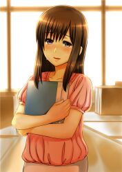 Rule 34 | 1girl, blush, book, brown eyes, brown hair, brown skirt, commentary request, crying, hinako seiyuu, holding, holding book, koube an, parted lips, pink shirt, shirt, skirt, smile, solo, streaming tears, tears, upper body, usotsuki paradox