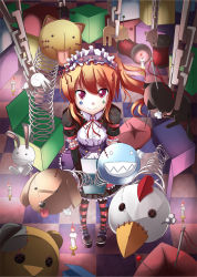 Rule 34 | 1girl, bird, box, brown hair, candle, cat, chicken, dog, elbow gloves, female focus, full body, gloves, gothic lolita, lolita fashion, maid, maid headdress, moti ken, original, purple eyes, rabbit, red eyes, ribbon, smile, solo, striped clothes, striped thighhighs, thighhighs, toy