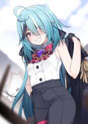 Rule 34 | 1girl, ahoge, aqua hair, black gloves, black pants, black ribbon, blurry, blurry background, bow, bowtie, breasts, brooch, buttons, cloud, coat, collared shirt, eyes visible through hair, gloves, hair ribbon, hand in pocket, highres, holding, holding clothes, holding coat, indie virtual youtuber, jewelry, long hair, pants, pink bow, pink bowtie, pink eyes, pointy ears, pouch, ribbon, second-party source, sharp teeth, shirt, sleeveless, sleeveless shirt, solo, star brooch, teeth, thigh pouch, thigh strap, unworn coat, valefal coneri, virtual youtuber, white shirt, zenya hima