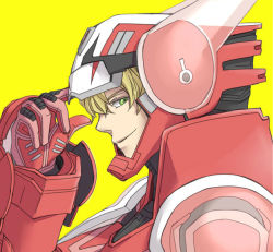 Rule 34 | 10s, 1boy, armor, barnaby brooks jr., blonde hair, green eyes, ko-ma-me, male focus, power armor, power suit, simple background, solo, superhero costume, tiger &amp; bunny, yellow background
