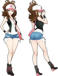 Rule 34 | 10s, 1girl, alternate color, ass, bag, baseball cap, blue eyes, boots, breasts, brown hair, creatures (company), denim, denim shorts, full body, game freak, hand on headwear, hand on own hip, handbag, hat, highres, hilda (pokemon), legs, long hair, looking at viewer, looking back, medium breasts, multiple views, nintendo, open mouth, pokemon, pokemon bw, shiny skin, shorts, sleeveless, smile, white background, wristband, x-t3al