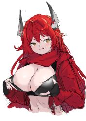 Rule 34 | 1girl, absurdres, black gloves, breasts, brown eyes, cleavage, crop top, cropped jacket, cropped torso, fingerless gloves, gloves, goddess of victory: nikke, hair between eyes, headgear, highres, horns, jacket, large breasts, leather, leather jacket, light blush, long hair, mechanical horns, parted lips, red hair, red hood (nikke), red jacket, red scarf, scarf, simple background, sketch, solo, unzipped, very long hair, white background, yasananasay, zipper
