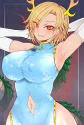 Rule 34 | 1girl, alternate costume, antlers, armpits, arms behind head, blonde hair, breasts, china dress, chinese clothes, clothing cutout, commentary request, dragon girl, dragon horns, dragon tail, dress, earrings, elbow gloves, gloves, grin, hair over one eye, highres, horns, jewelry, kicchou yachie, large breasts, looking at viewer, mandarin collar, navel, navel cutout, red eyes, roki (hirokix), sharp teeth, short hair, sleeveless, sleeveless dress, smile, solo, tail, teeth, touhou, turtle shell, v-shaped eyebrows, white gloves